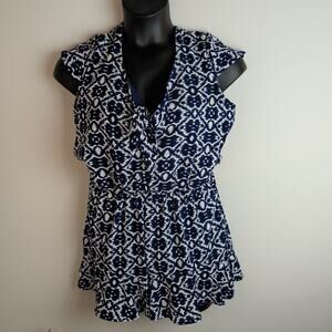 Glam Doll Navy Blue Ikat Print Tie Front Ruffle Hem Romper Size XL